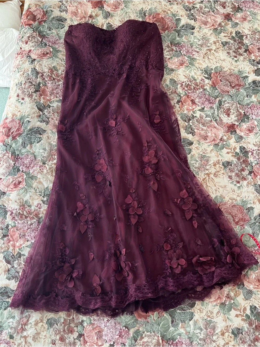 Montage by Mon Cheri Deep Burgundy Lace Maxi Gown
